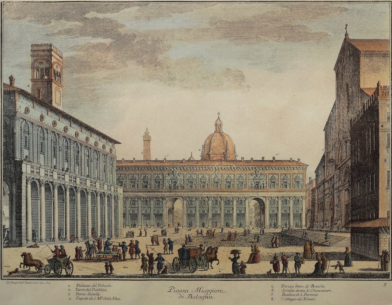 Italia, Bologna, Piazza Maggiore eller Piazza Grande, av Pio Panfili, gravering av Pio Panfili