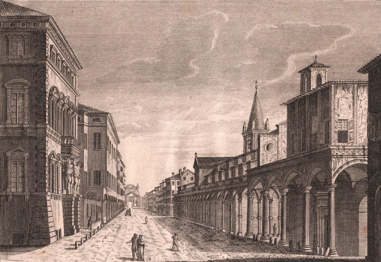 Utsikt over Strada Maggiore i Bologna, Emilia-Romagna, Italia, kobberstikk av C Lambertini etter en tegning av Pio Panfili (1723-1812), ca 13,5x19 cm av Pio Panfili