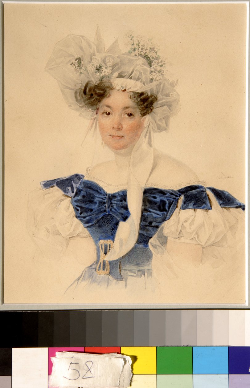 Portrett av grevinne Varvara Golitsyna nee Rumyantseva Kalgulska (1794-1875) - Verk av Piotr (Pierre) Sokolov (1791-1848), akvarell på papir (20,6x16,6 cm) av Piotr Sokolov