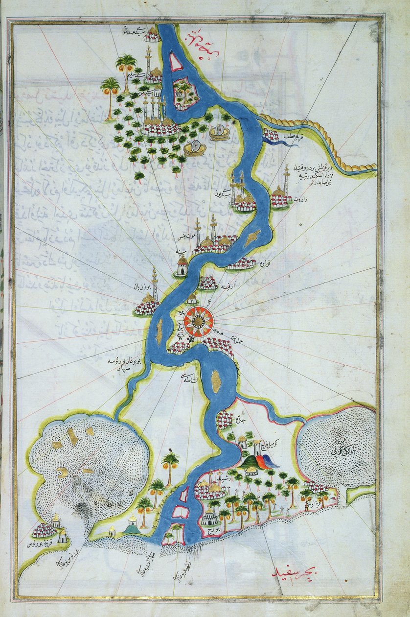 MS W.658 fol.304v Kart over Nilen fra Kitab-I Bahriye (tempera, gull og blekk på papir) av Piri Reis