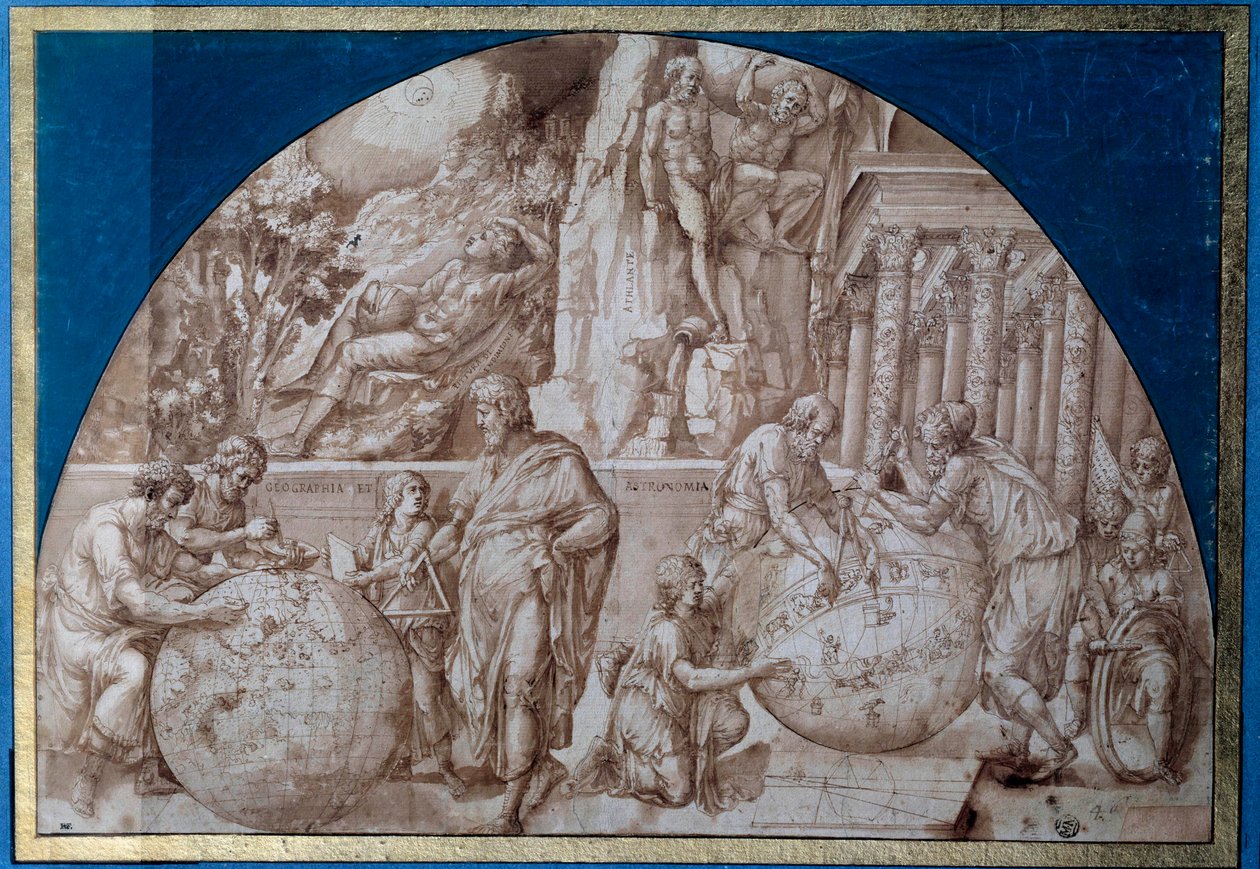 Astronomi allegori. Forskere tar målinger på jordkloder. Tegning med brunt blekk av Pirro Ligorio (ca. 1500-1583) Paris fra 1500-tallet, Louvre-museet av Pirro Ligorio
