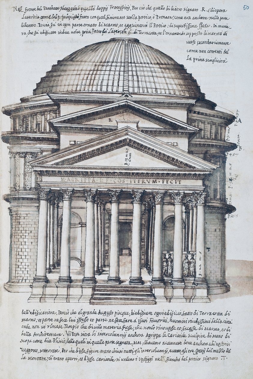 Utsikt over Pantheon i Roma, tegning fra bind XIII av XXX Libri delle Antichita (antikvitetsbøker) av Pirro Ligorio