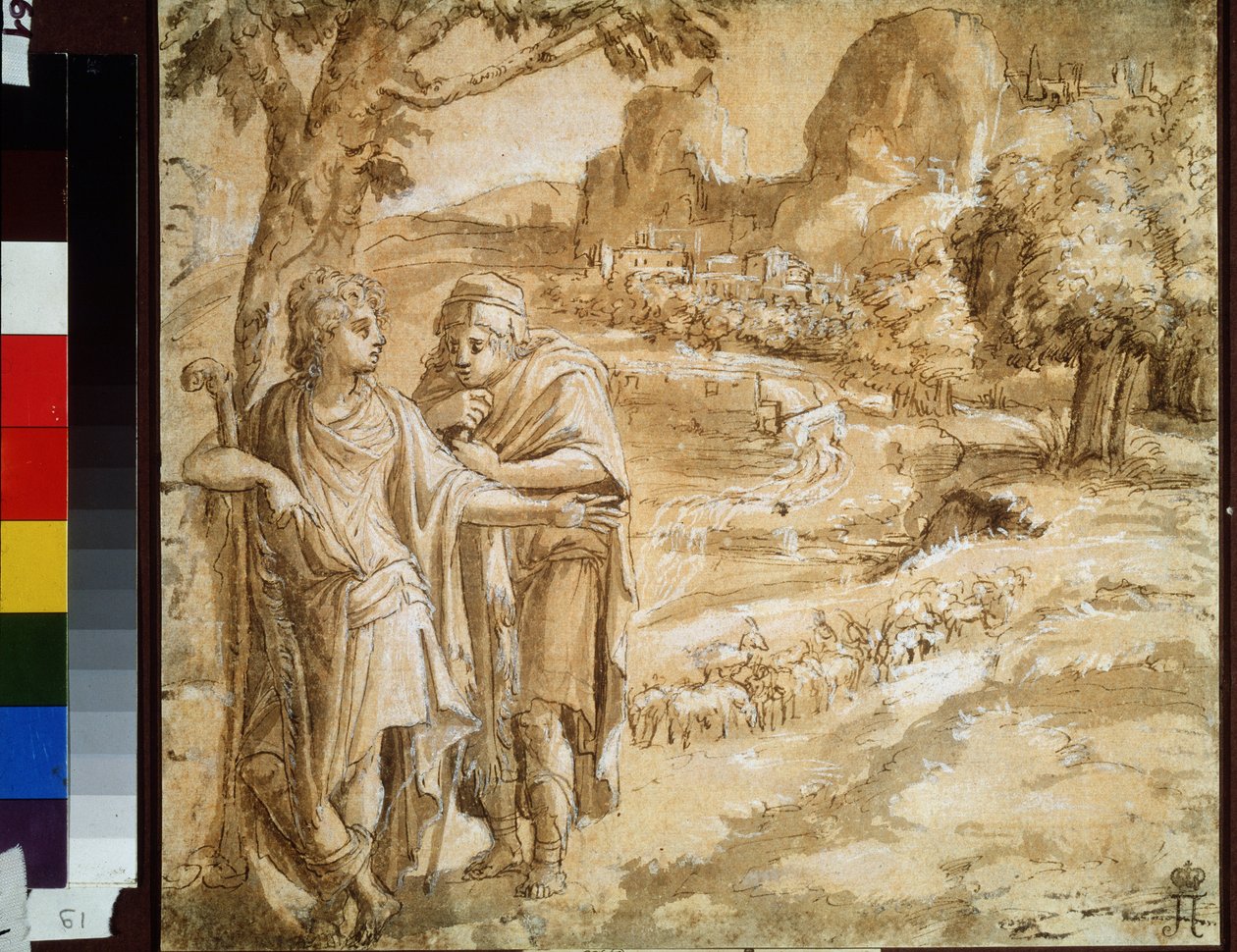 "Shepherd And Pilgrim In A Landscape" (Shepherd And Pilgrim In A Landscape) Akvarell og blekk av Pirro Ligorio (1510-1583) Circa 1550 Pushkin Museum, Moskva av Pirro Ligorio
