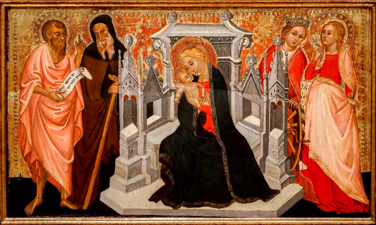 Madonna og barn med hellige. 1400-tallet (Tempera på tre) av Pittore Marchigiano