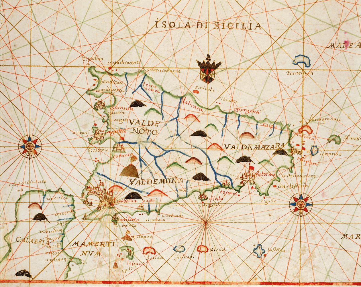 Sicilia fra portolan atlas bestående av seks kart, av Placido Caloiro og Francesco Oliva, Parchment. 1646. av Placido Caloiro e Oliva