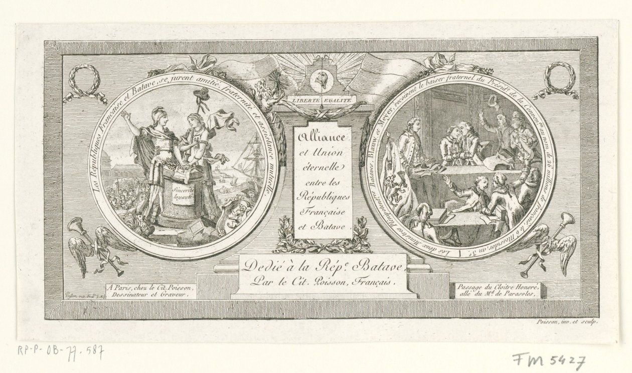Medaillon op de Alliantie tussen de Franse en de Bataafse Republieken, 1795 Allianse og evig union mellom de franske og bataviske republikkene (tittel på objekt) av Poisson