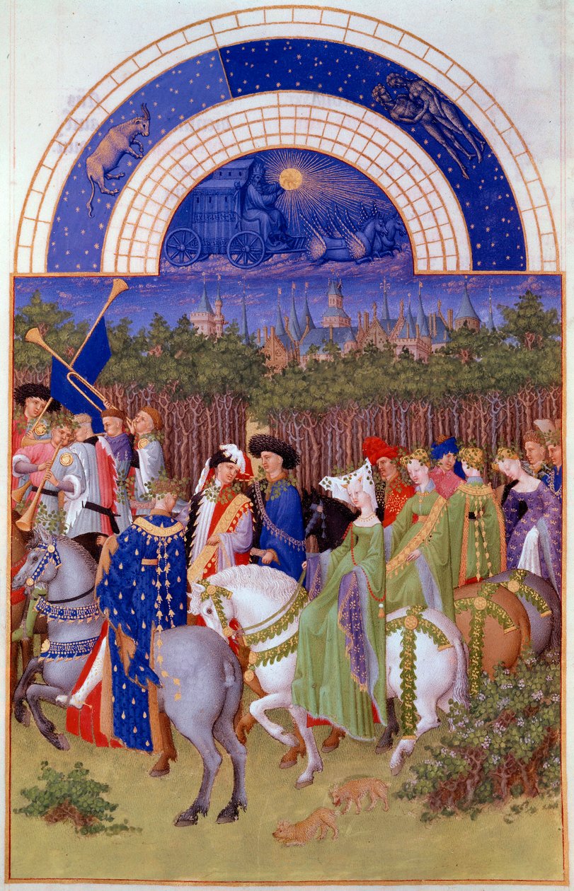 Cortege av adelsmenn og musikere til hest, utsikt over hertugpalasset i Riom (?) og mai måned. Flamsk miniatyr av Pol De Limburg (1400-tallet) fra manuskriptet "The very rich hours of the Duke of Berry"" av Pol de Limbourg