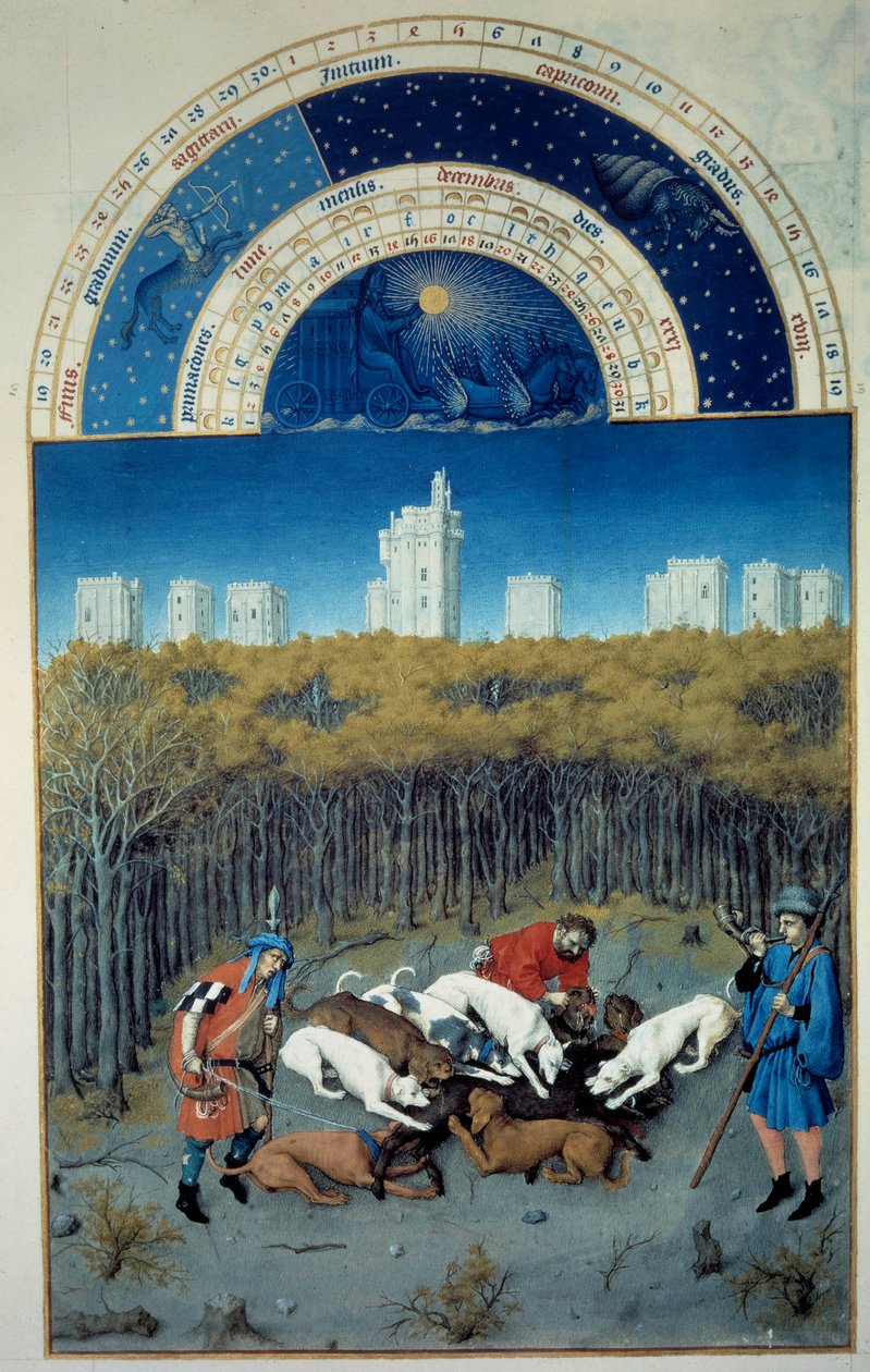 Desember: jaktscene. I bakgrunnsbildet av Vincennes flamske miniatyr av Pol De Limburg (1400-tallet) fra manuskriptet "The very rich hours of the Duke of Berry"" av Pol de Limbourg