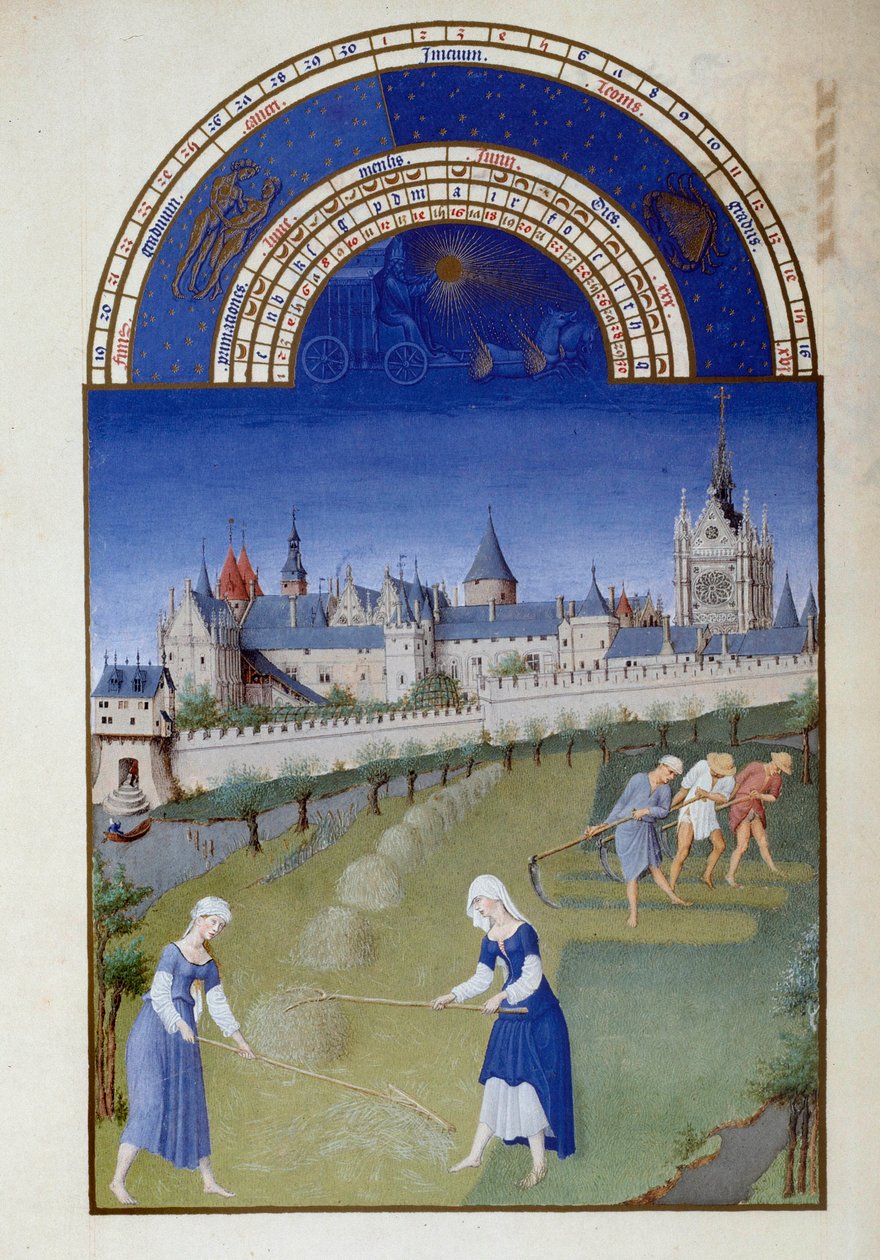 juni: høy. På baksiden, palasset til det flamske miniatyrkapellet i Pol De Limburg (1400-tallet) fra manuskriptet "The very rich hours of the Duke of Berry"" av Pol de Limbourg