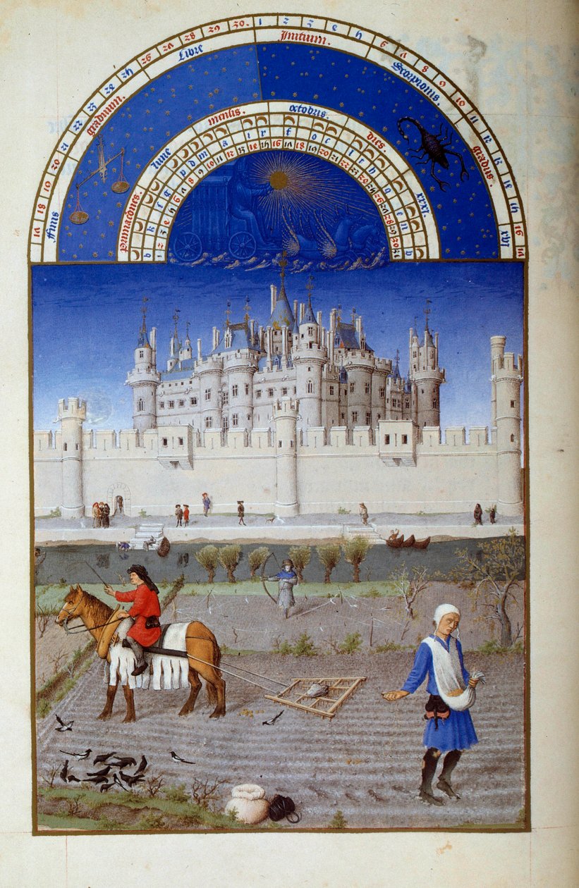 oktober: såing. I bakgrunnen den flamske Louvre-miniatyren av Pol av Limburg fra «The Book of Good Moors»» av Jacques den store (1360-1415/1418), dedikert til John Duke of Berry av Pol de Limbourg