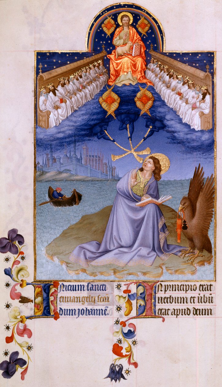 Saint John a Patmos. "" Miniatyr i "" The very rich hours of the Duke of Berry"" av Pol De Limburg (1400-tallet). Chantilly, Musee Conde av Pol de Limbourg