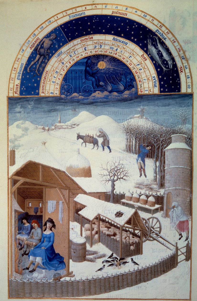 Februar måned: snø I forgrunnen, en gård med sauefjøs, jordbruksarbeid, trefelling - Miniatyr i "The very rich hours of the Duke of Berry" av Pol De Limburg (1400-tallet). Chantilly, Musee Conde - februar: Snø (scene i en gårdsvidd av Pol de Limbourg