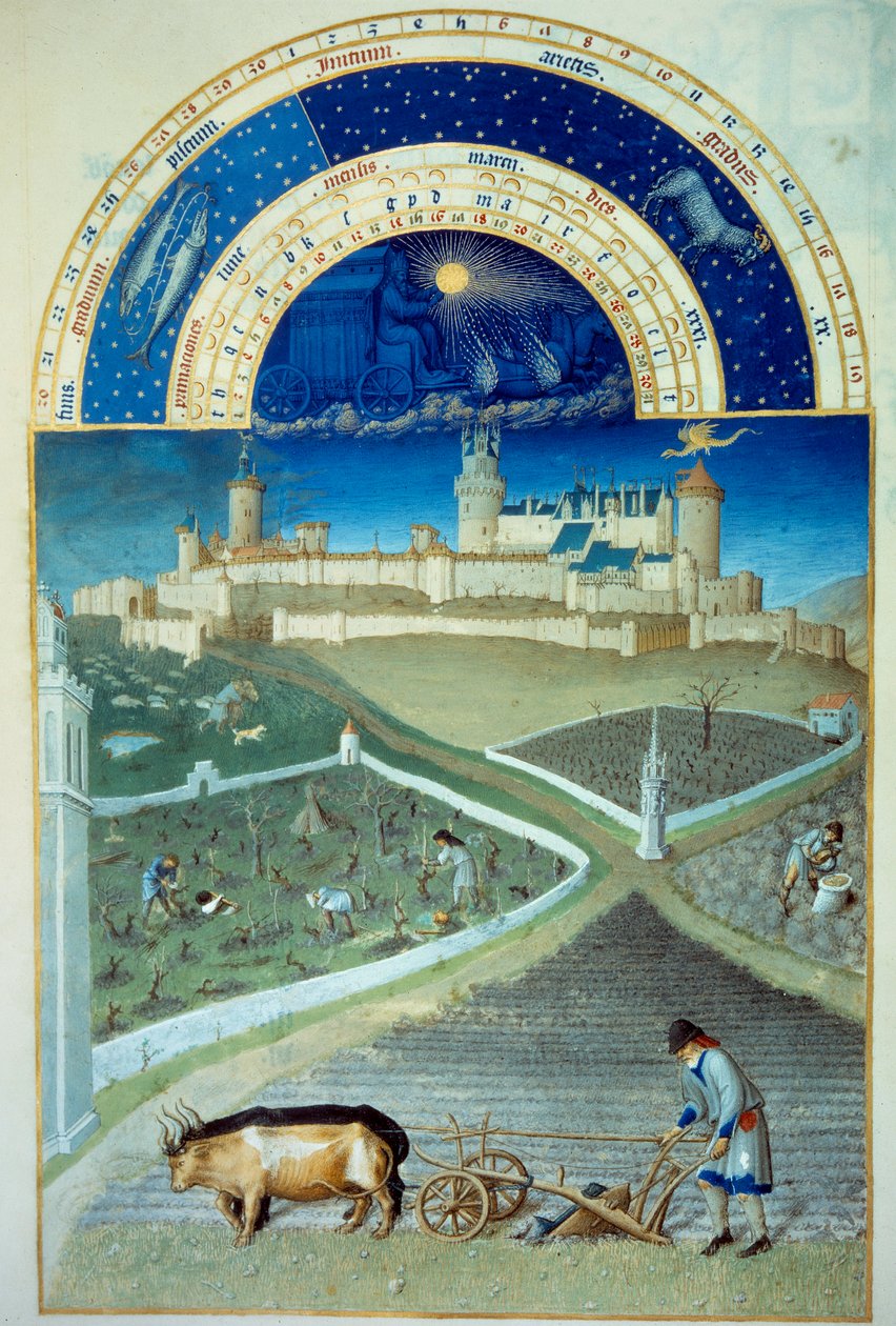 Mars måned: pløyingen I forgrunnen, jordbruksarbeid, bønder som pløyer en åker, på størrelse med vinstokkene, nederst slottet Lusignan - Miniatyr i "" Les tres riches heures du Duke de Berry"" av Pol De Limburg (1400-tallet) - C av Pol de Limbourg