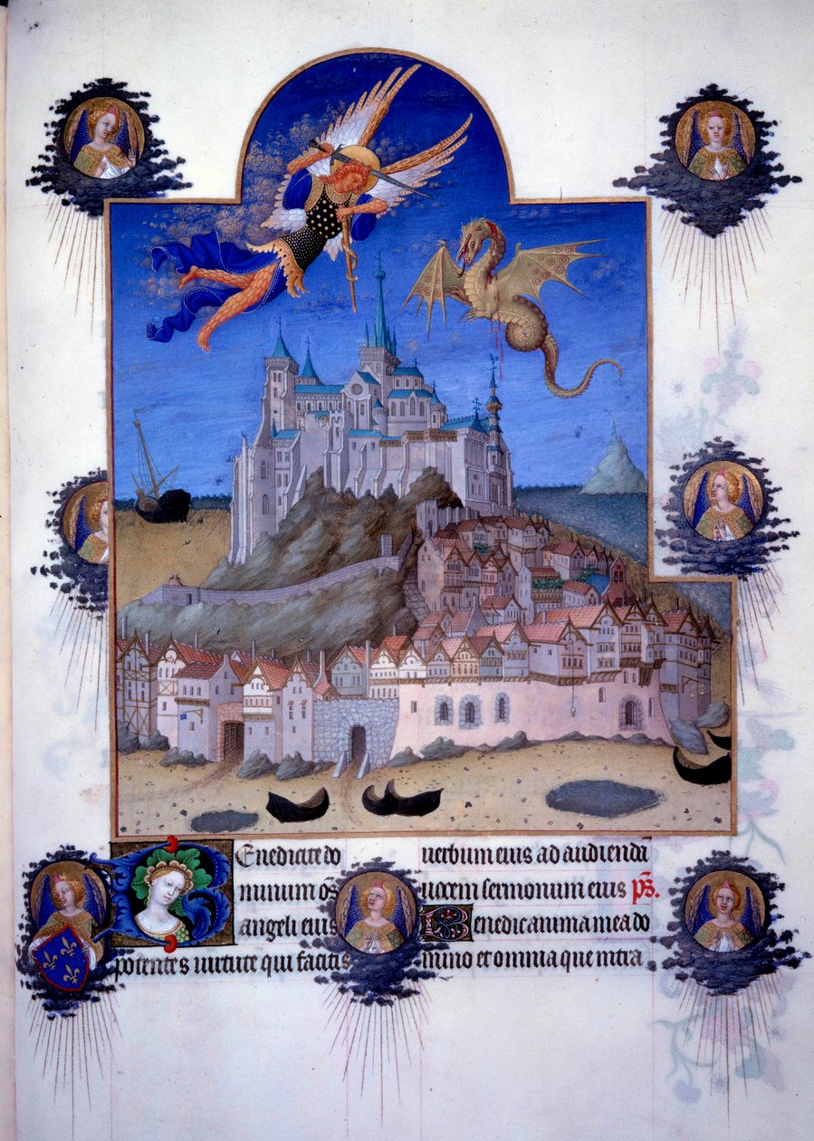 Utsikt over Mont Saint Michel (Mont-Saint-Michel): erkeengelen Saint Michel og dragevingen er representert som kjemper i luften. Flamsk miniatyr fra Pol de Limburg fra «The Book of Good Moors»» av Jacques den store (1360-1415/1418), dedikert til Johannes av Pol de Limbourg