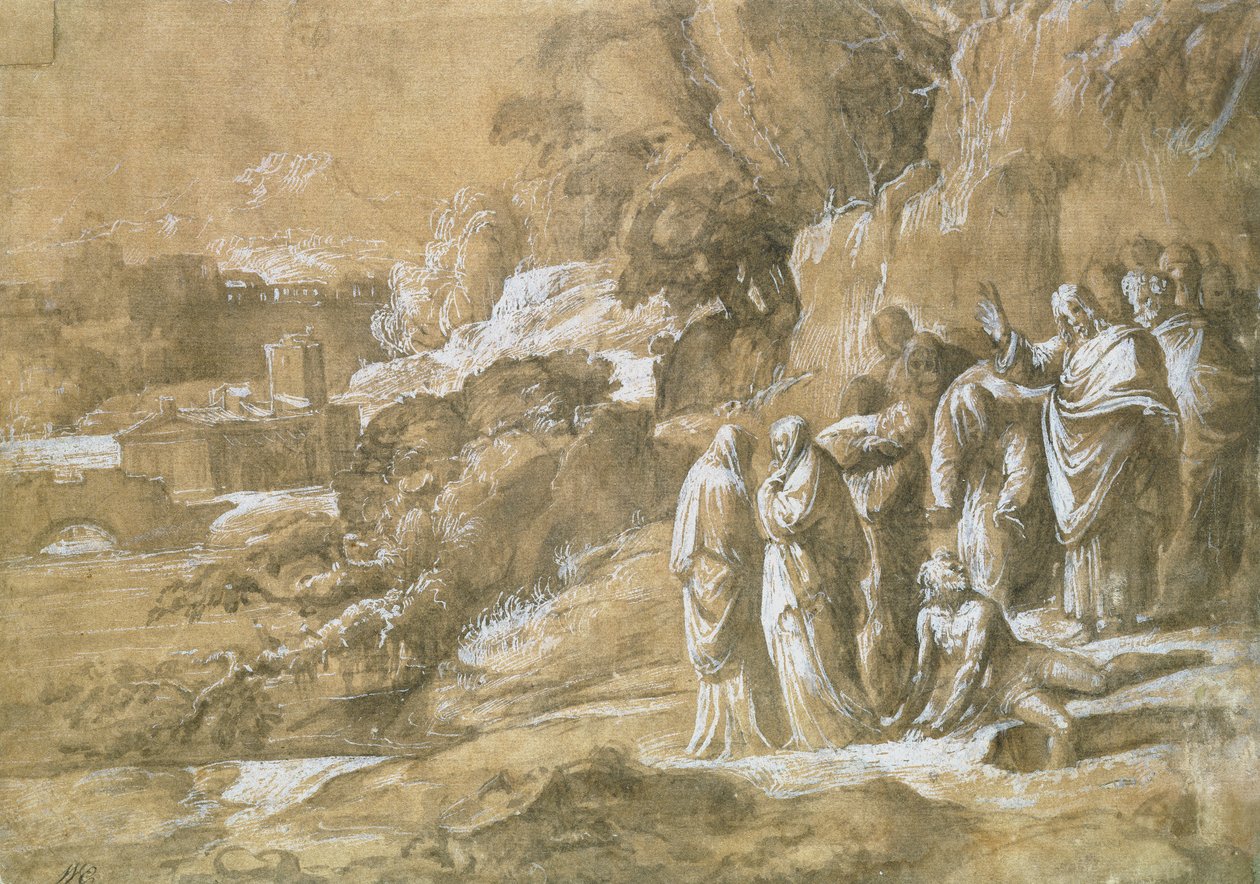 The Raising of Lazarus (penn og brunt indisk blekk og svart kritt på brunt papir) av Polidoro da Caravaggio