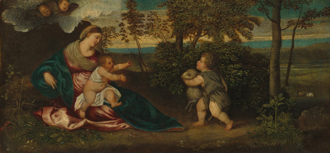 Madonna og barnet og spedbarnet Saint John i et landskap av Polidoro Lanzani