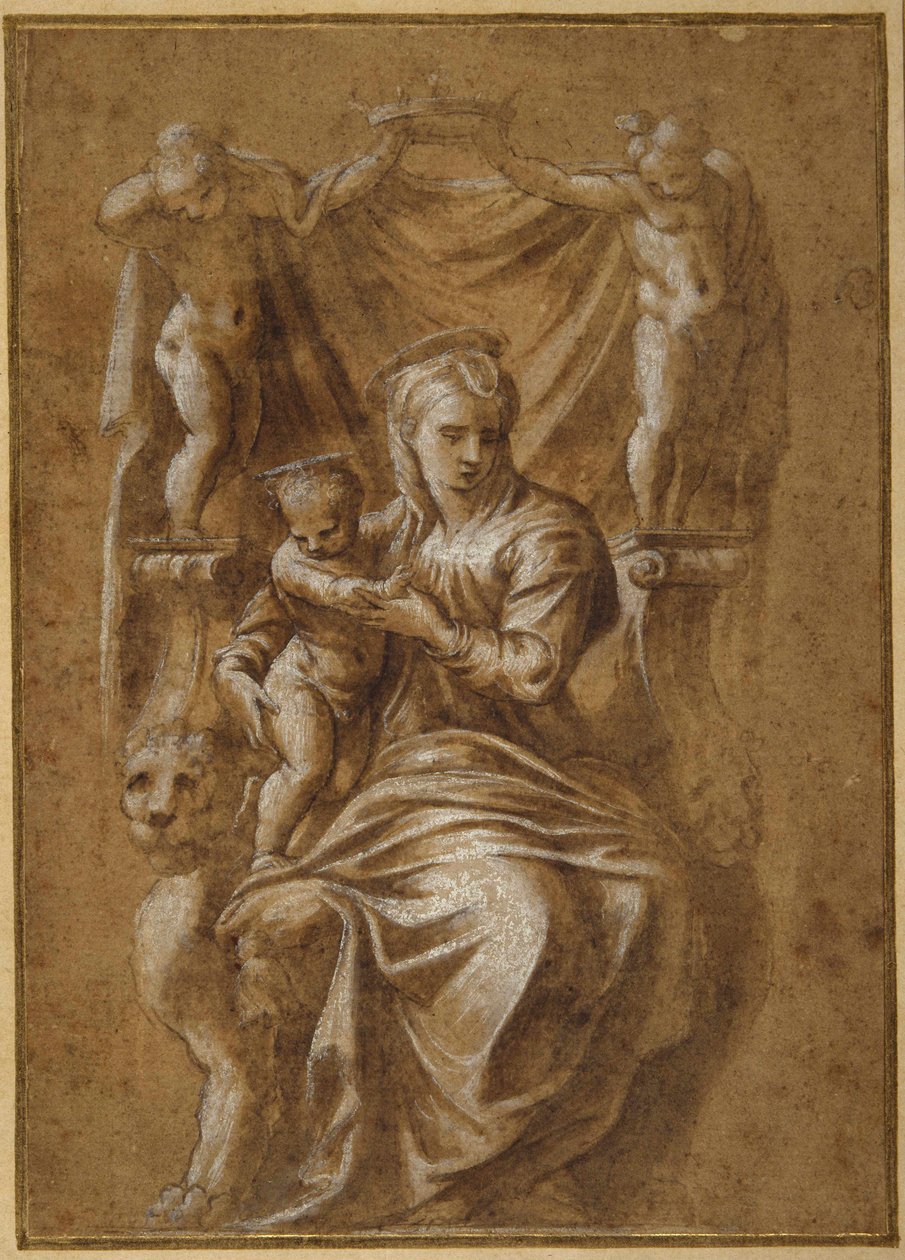The Madonna and Child troner (penn og brunt blekk med kroppsfarge på papir) av Polidoro da (follower of) Caravaggio