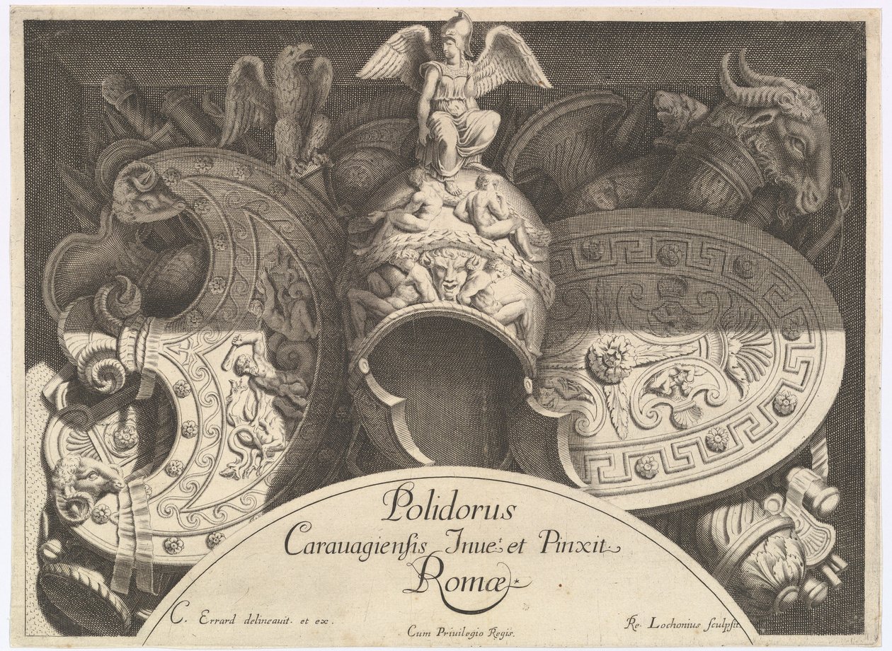 Divers Trophées våpentroféer etter fasaden til Palazzo Milesi i Roma, 1651 av Polidoro da Caravaggio