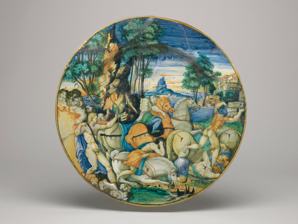 Maiolica-fat, Apollo som dreper Sons of Niobe- Shape ca. 64 med vanlig kant, bunnen av fatet, 1548 av Polidoro da Caravaggio