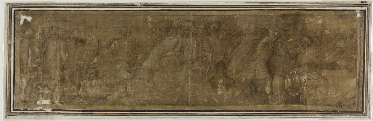 Mucius Scaevola krysser Tiberen, har til hensikt å myrde Porsenna, men dreper hans kasserer ved en feiltakelse av Polidoro da Caravaggio