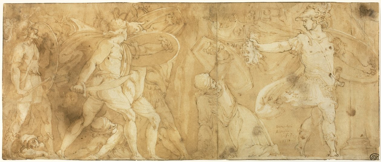 Perseus med hodet av Medusa, gjør Phineus og hans tilhengere til stein av Polidoro da Caravaggio