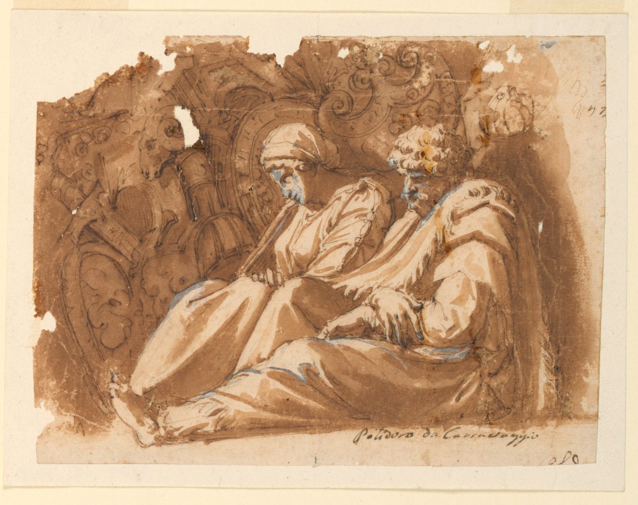 Sittende figurer med trofé av Polidoro da Caravaggio