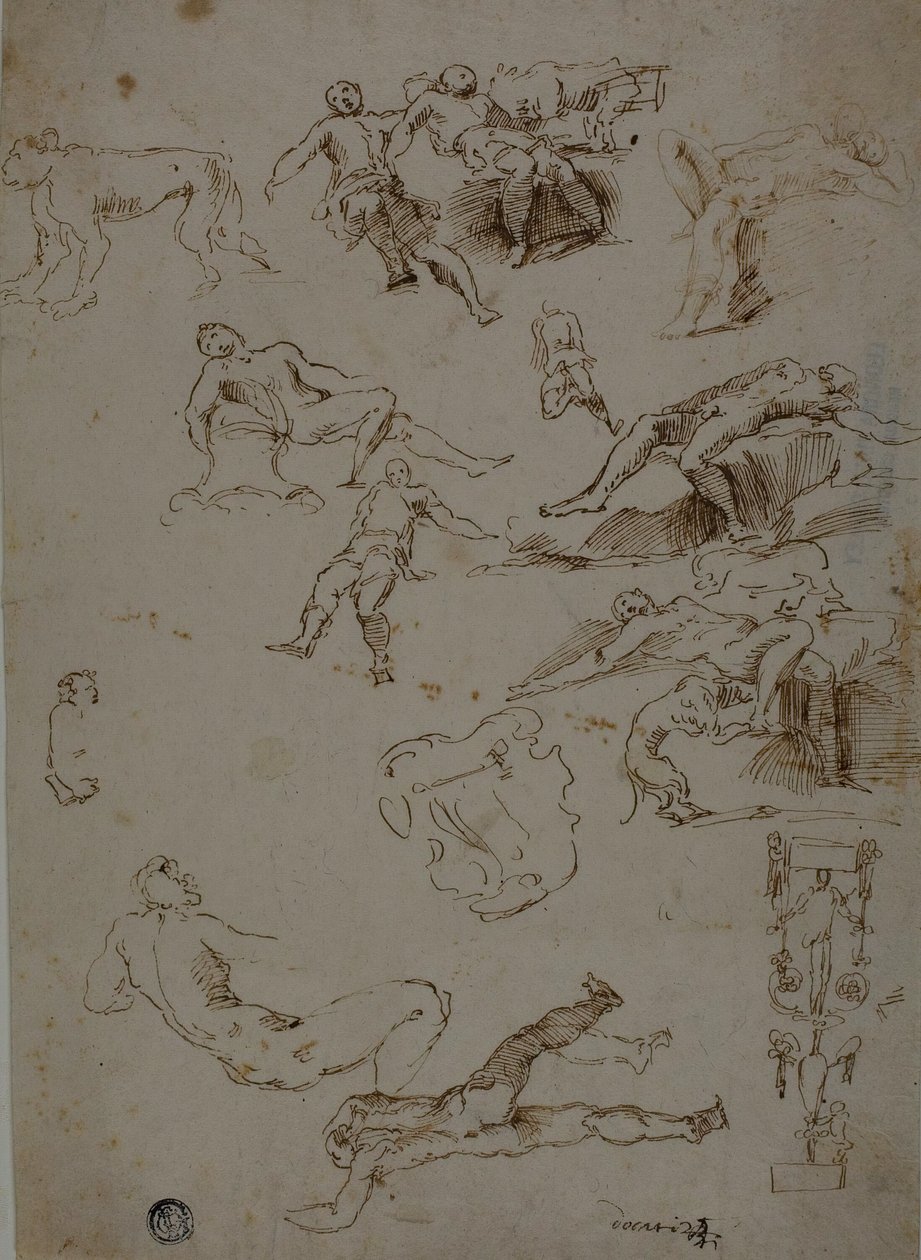 Skisser av mannlige nakenbilder, dyr og dekorative detaljer av Polidoro da Caravaggio