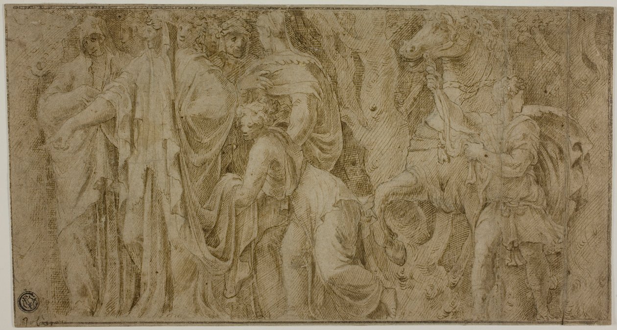 Historien om Niobe: Niobe mottar gaver fra tilbedere; Ungdom med hest av Polidoro da Caravaggio
