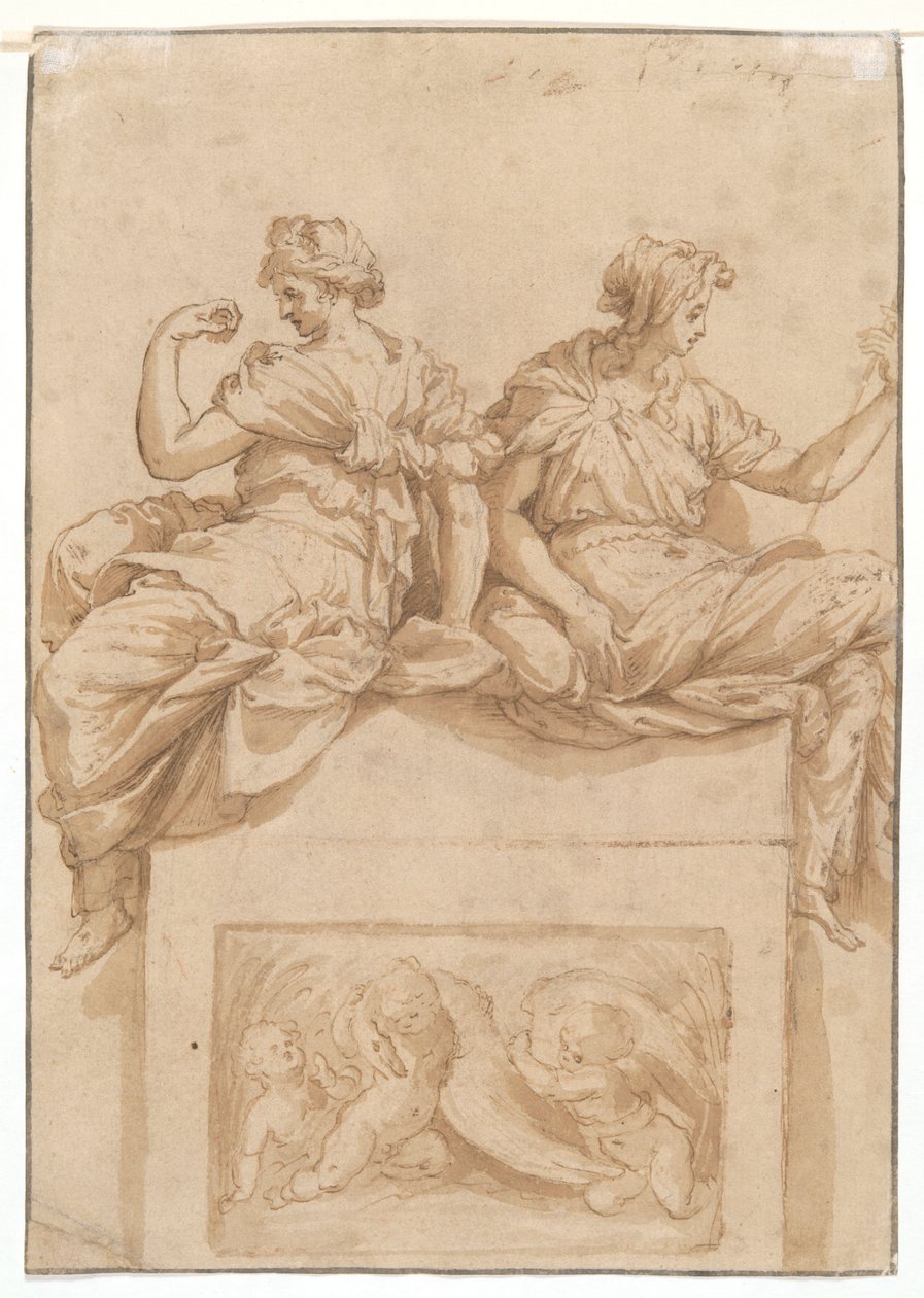 Studie av en sittende gammel mann (recto); Kopi (av en ukjent kunstner) etter en studie av Perino del Vaga for Sala Paolina, Castel Sant av Polidoro da Caravaggio