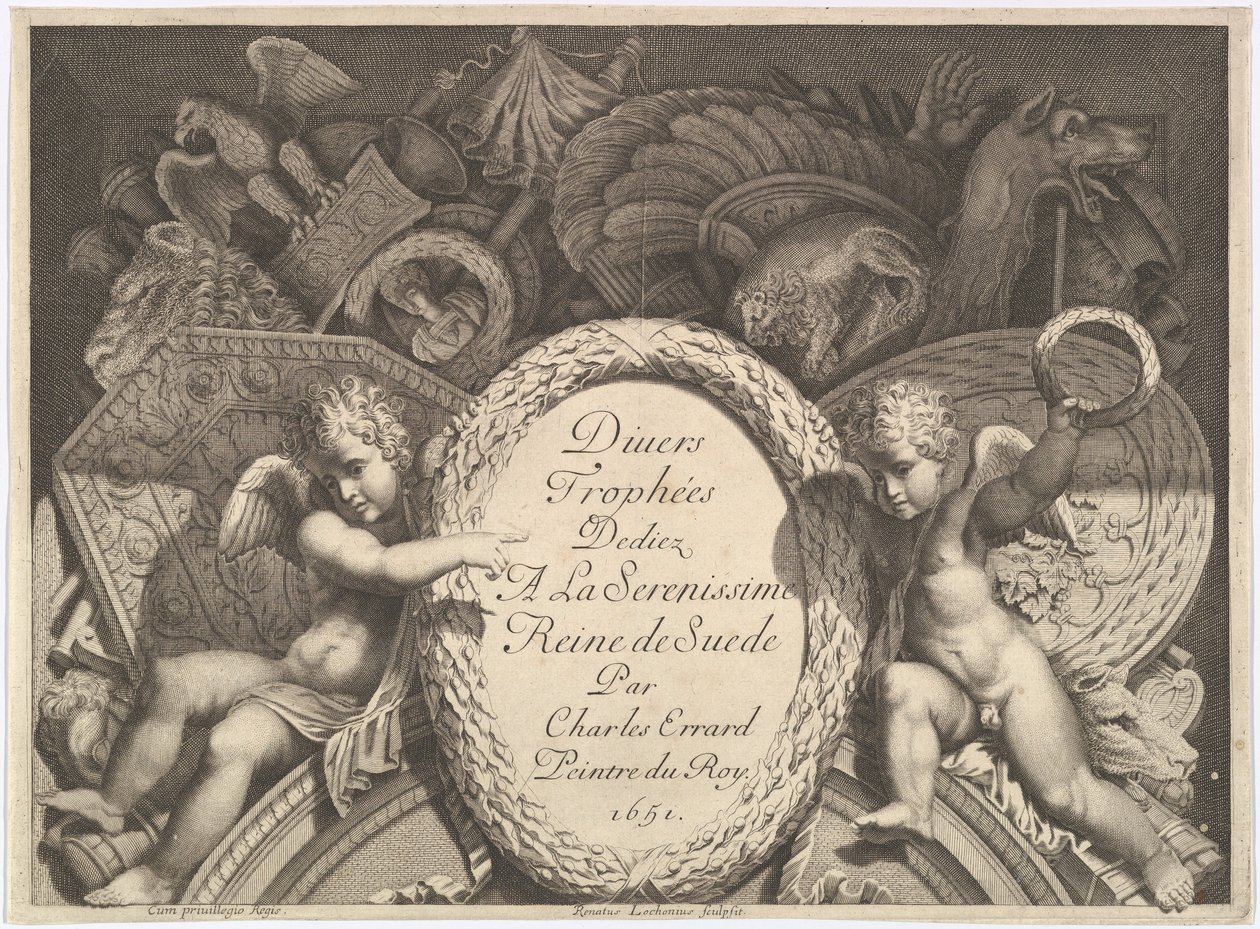 Tittelside til Divers Trophées Weapon Trophies etter fasaden til Palazzo Milesi i Roma, 1651 av Polidoro da Caravaggio