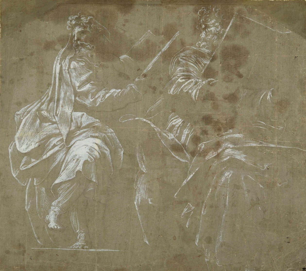 To skjeggete profeter sitter og holder åpne bøker (hvit kroppsfarge på grått papir) av Polidoro da Caravaggio