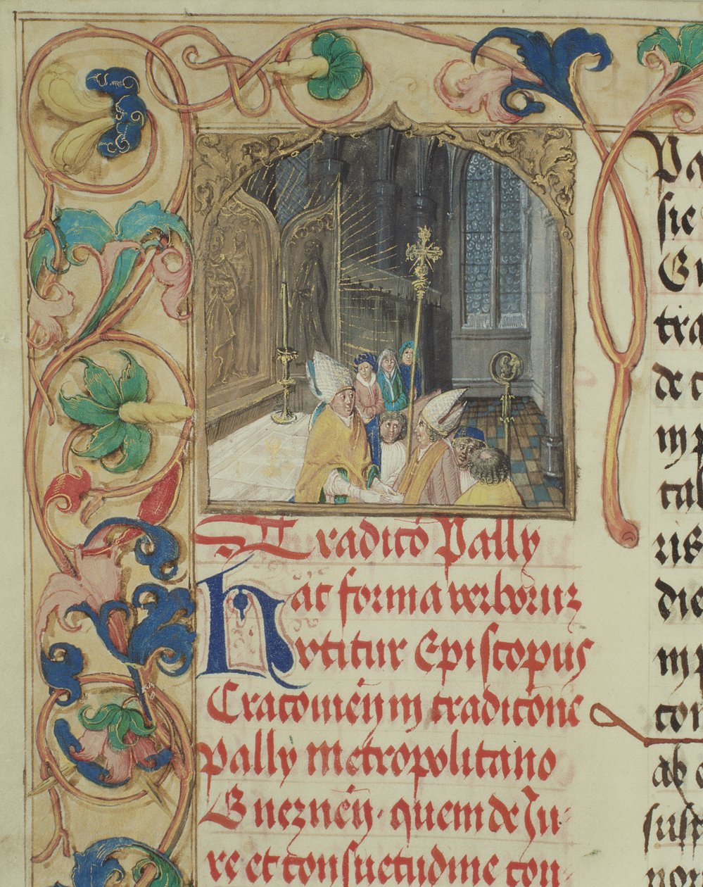 Biskop fra Krakow overleverer Pallium til erkebiskopen av Gniezno fra det pavelige biskop Erasmus Ciolek ca. 1510 (tempera og gull på pergament) av Polish School