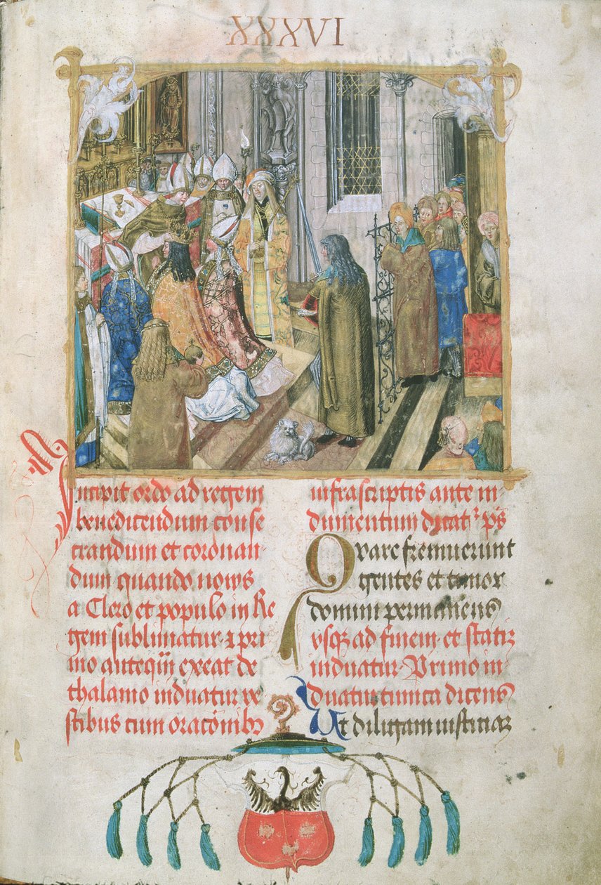 Kroning av kongen av Polen presenterer maktens tegn fra paven til biskop Erasmus Ciolek, ca. 1510 (tempera og gull på pergament) av Polish School