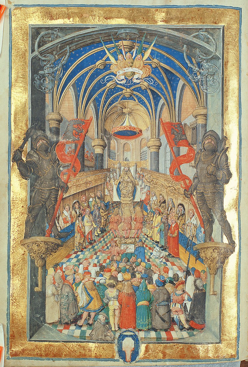 Tronsetting av kongen av Polen fra den pavelige biskop Erasmus Ciolek, ca. 1510 (tempera og gull på pergament) av Polish School