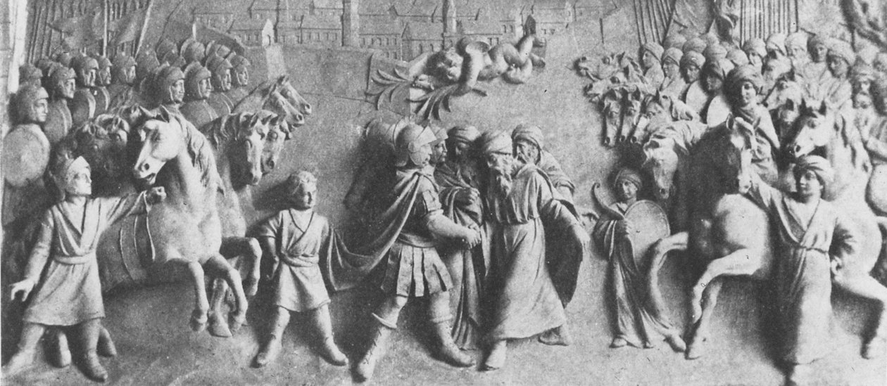 Relief of John III Sobieski receives the surrender of the Turkish troops, after victory at the Battle of Vienna (marble) av Polish School