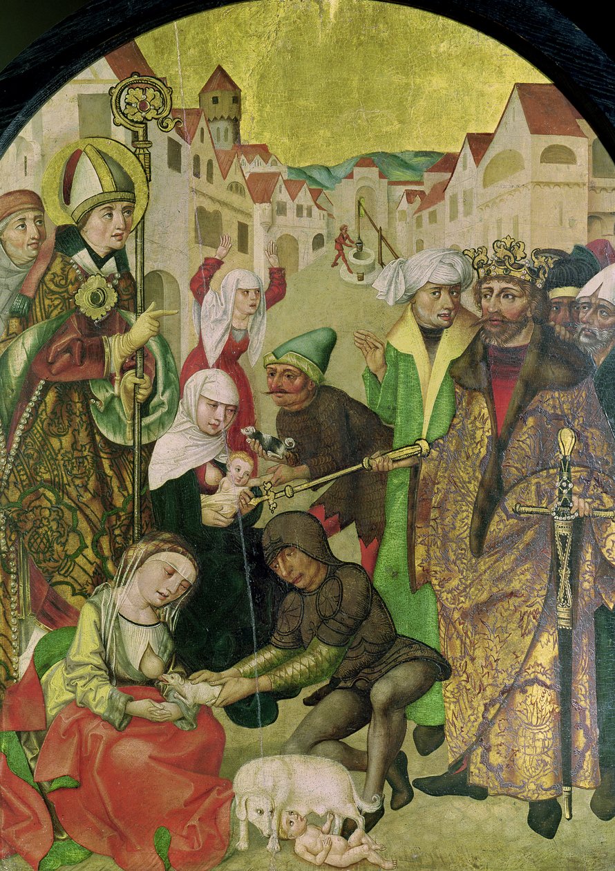 St. Stanislas (1030-79) ser på straffen av utro koner som befalt av kong Boleslas II (1039-81) panel fra altertavlen til St. Stanislas av Polish School
