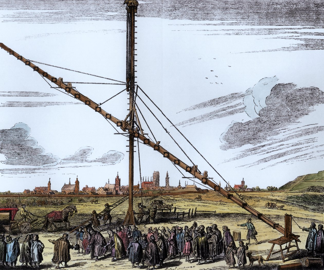 Det store astronomiske teleskopet til Johannes Hevelius (1611-1687) illustrasjon fra Machina Coelestis av Hevelius, Gdansk, utgitt 1670 (senere fargelegging) av Polish School