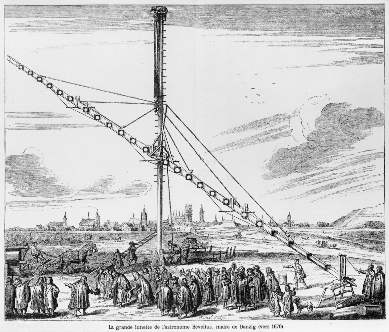 Det store astronomiske teleskopet til Johannes Hevelius (1611-1687) illustrasjon fra Machina Coelestis av Hevelius, Gdansk, publisert 1670 av Polish School