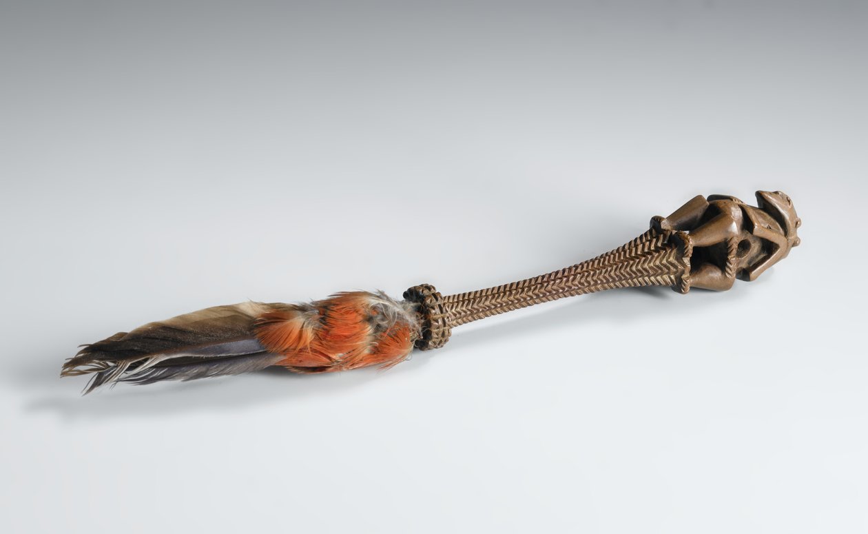 Fly-Visp-håndtak, med hakket åttekantet grep som avsluttes i en utskåret bifrontal figur av en gud, Society Islands, Tahiti (tre) av Polynesian