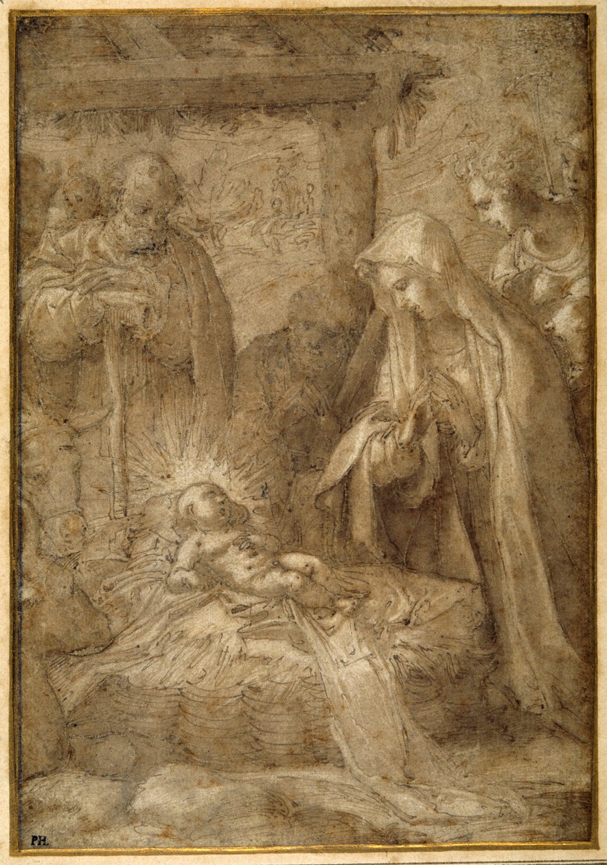 Hyrdenes tilbedelse (metalpoint, penn og blekk med vask og gouache på papir) av Pompeo (fl.1569 71) (attr. to) Cesura