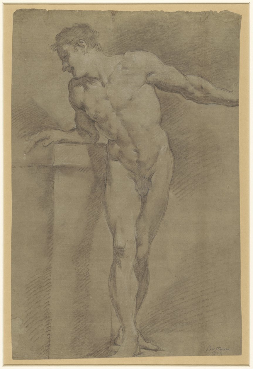 Studie av en stående mannlig modell lent mot en brystning av Pompeo Batoni