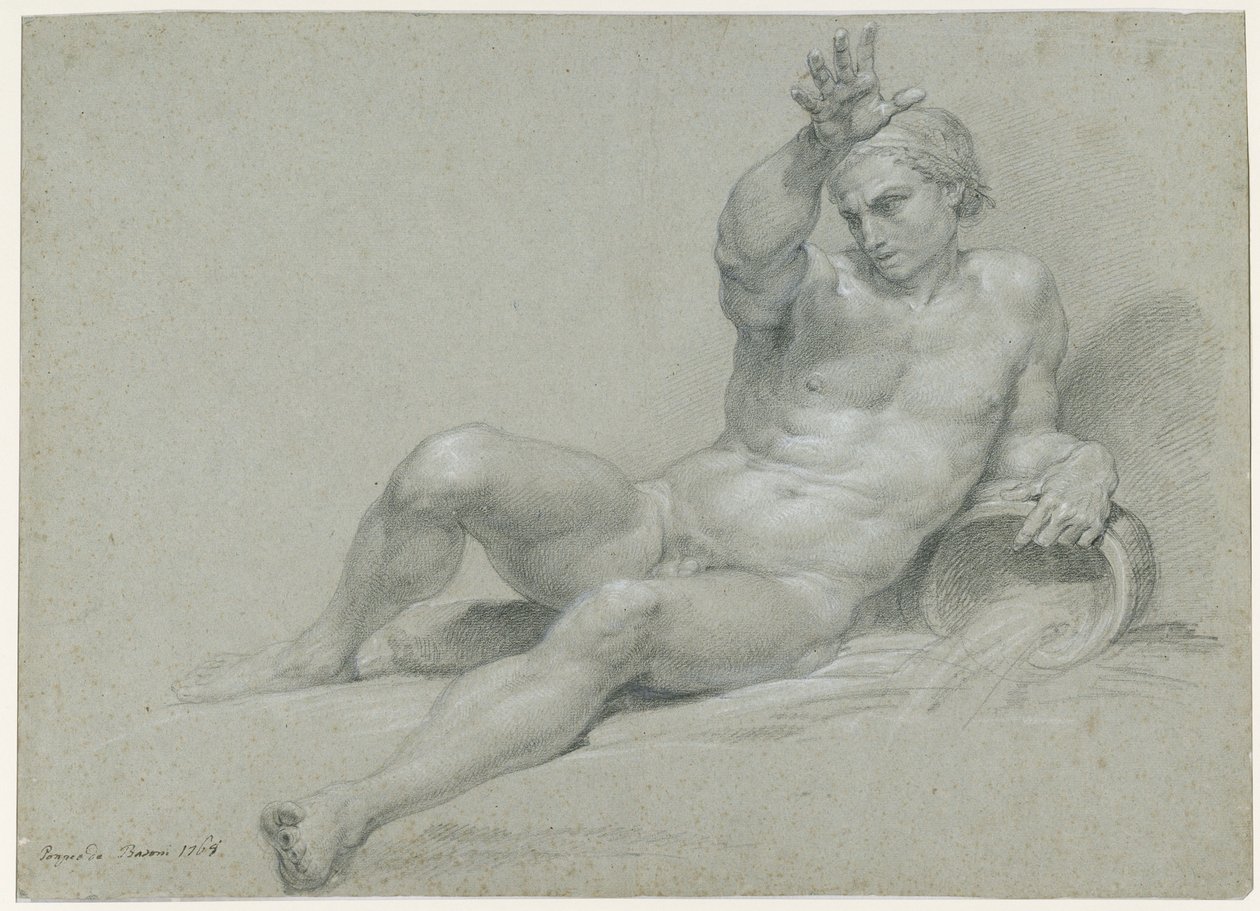 Nakenstudie av en liggende mannlig modell med høyre arm løftet, i positur som en antikk elvegud, sett skrått fra venstre av Pompeo Girolamo Batoni
