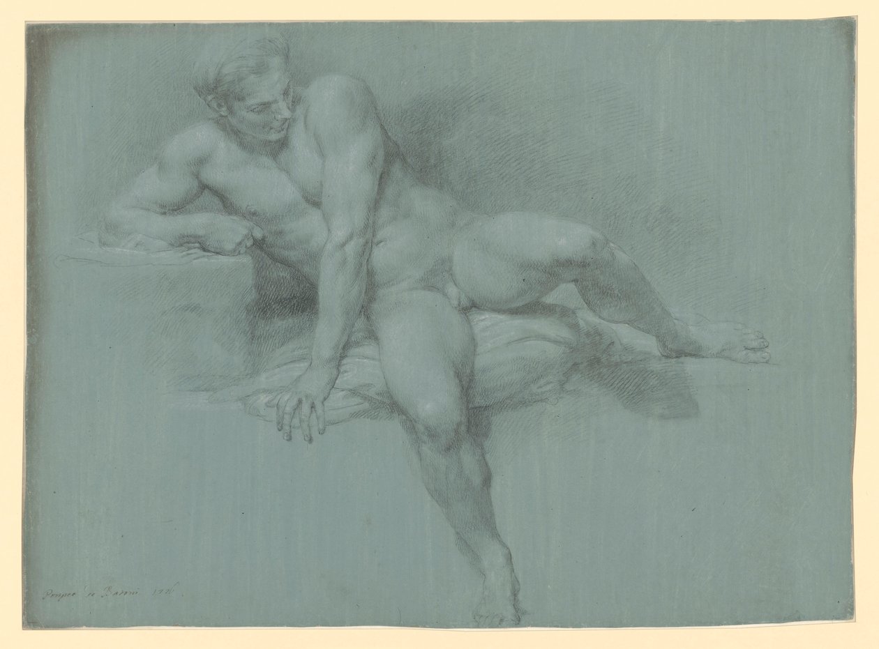 Aktstudie av en liggende mannlig modell som støtter seg med venstre arm foran kroppen av Pompeo Girolamo Batoni