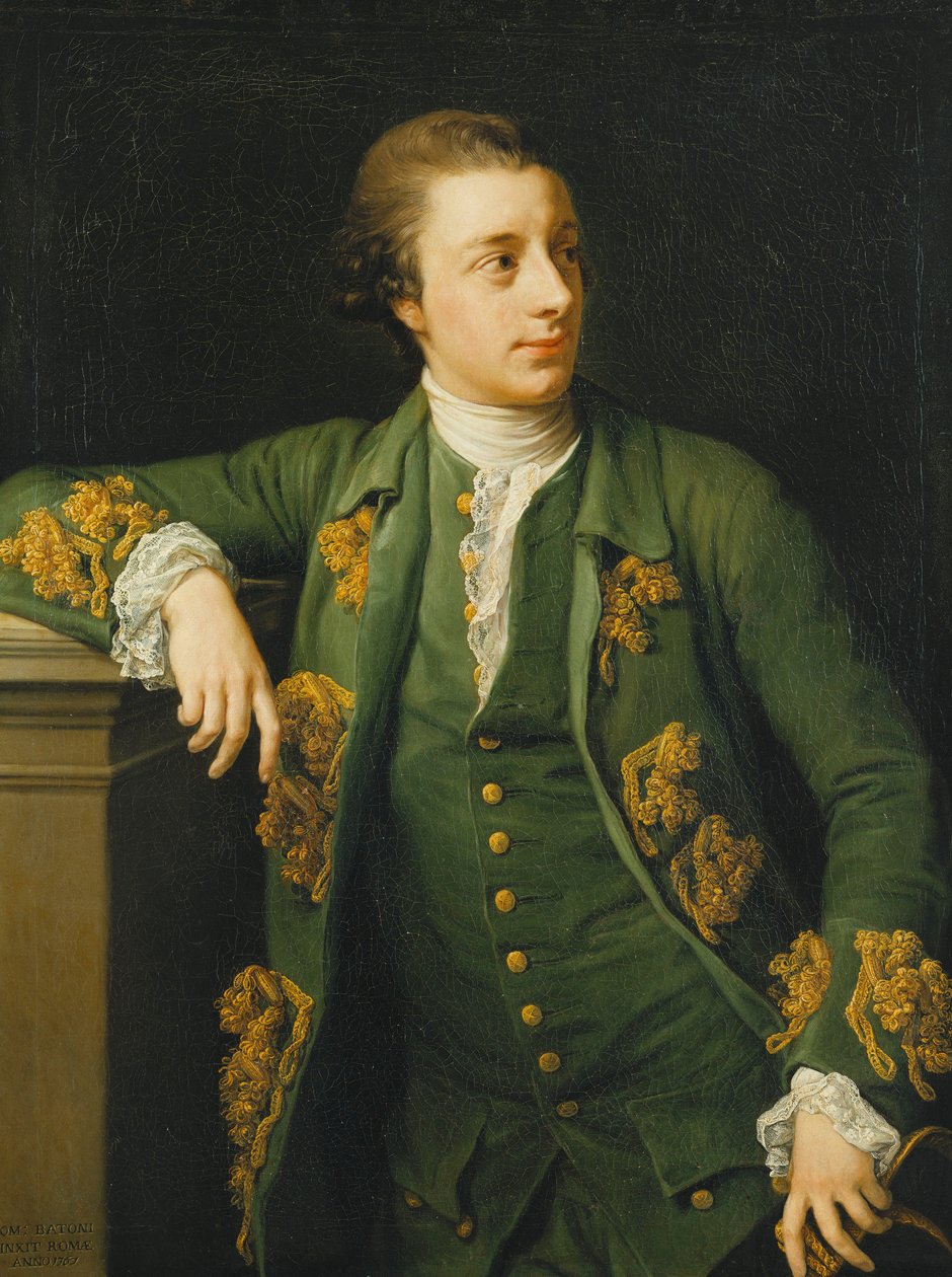 Portrett av Thomas Fortescue, M.P., stående, trekvart lengde, iført en grønn frakk og vest, lener høyre arm på en sokkel og holder en tricorn-hatt i venstre hånd, 1767 av Pompeo Girolamo Batoni