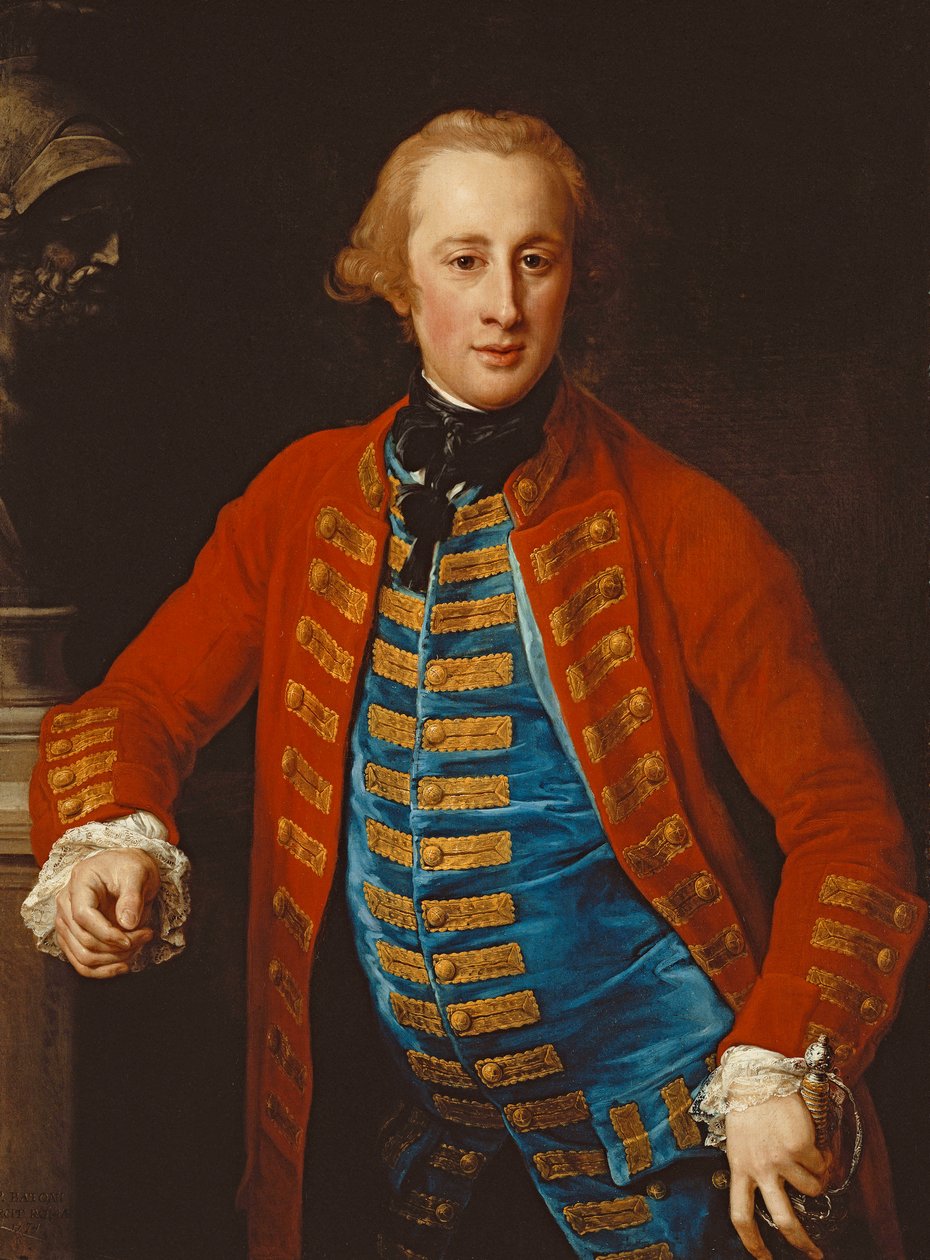 Portrett av en kavalerioffiser i utgående kjole, trekvarts lengde, lent på en pidestall ved en byste av Mars, 1774 av Pompeo Girolamo Batoni