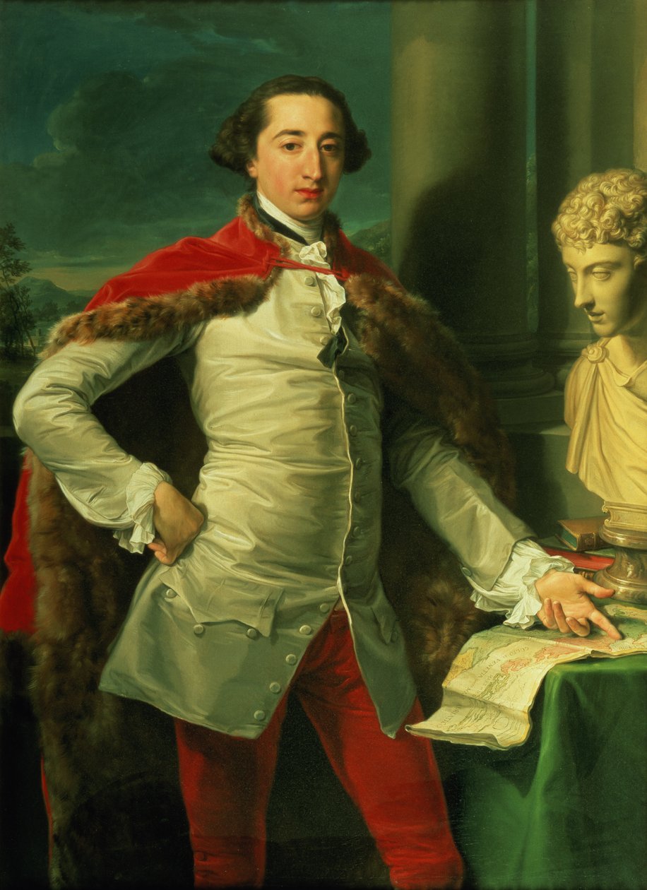Portrett av en gentleman, stående trekvart lang, iført en hvit vest, en rød pelsfôret kappe og røde ridebukser, peker på et kart på et bord, med en byste av Antoninus ved siden av ham (olje på lerret) av Pompeo Girolamo Batoni