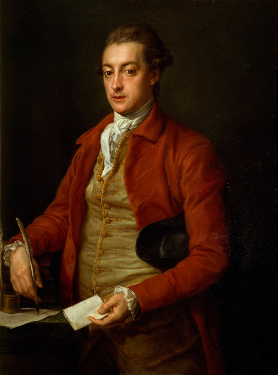 Portrett av Hon. Lionel Damer, halv lengde i rød kåpe med grå vest og hvit halsbånd, med papir og penn (olje på lerret) av Pompeo Girolamo Batoni