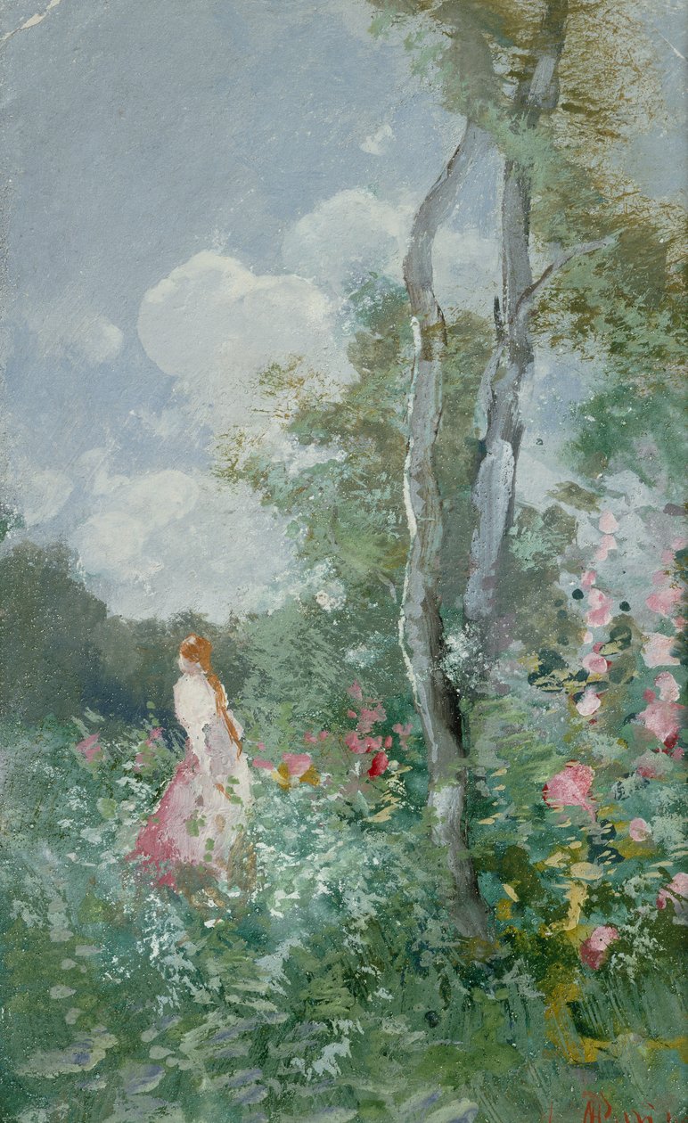A Girl Walking in a Wooded Glade (kroppsfarge på papir) av Pompeo Mariani