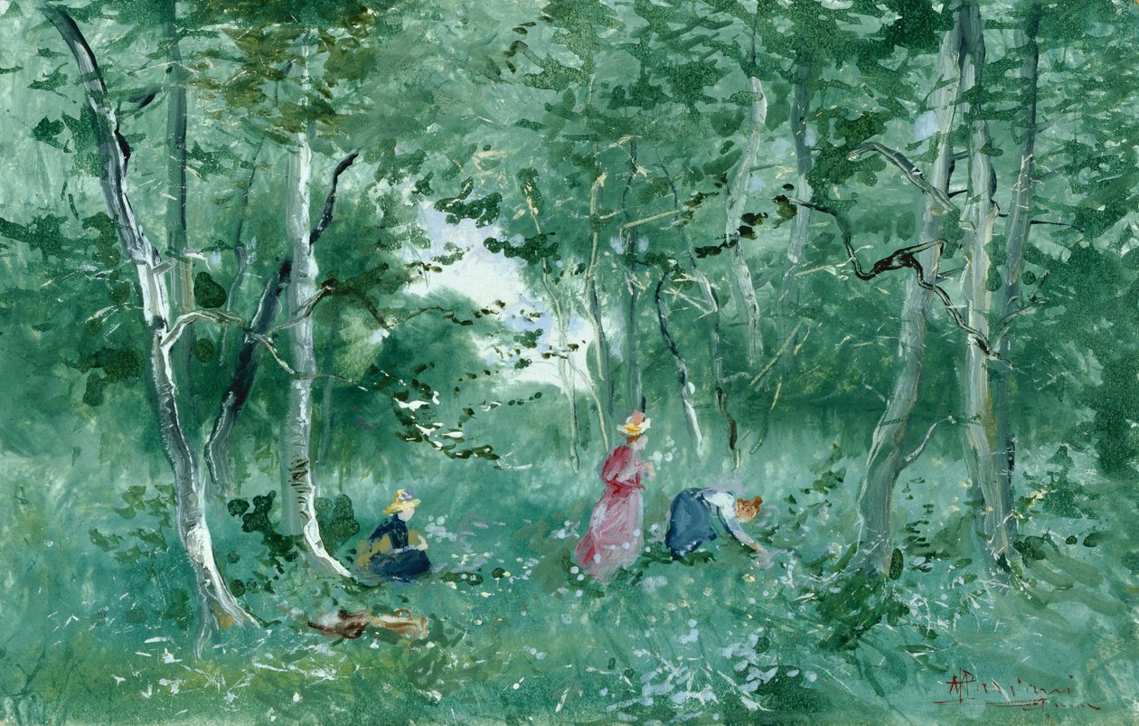 Elegante damer plukker blomster i tre (kroppsfarge på kortet) av Pompeo Mariani