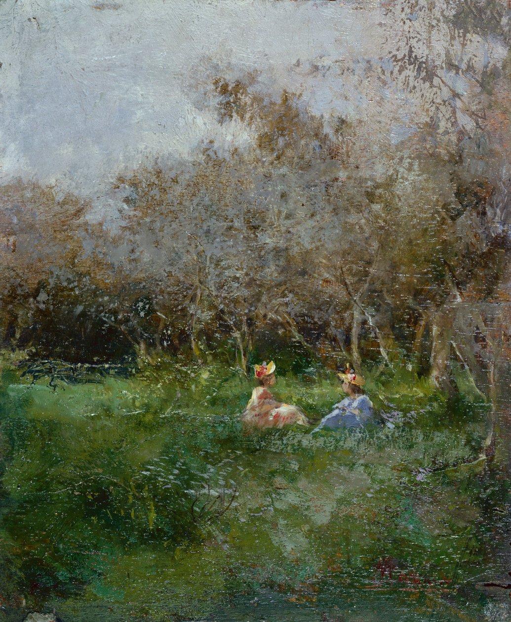 Elegante damer hviler i et skogslandskap (olje på panel) av Pompeo Mariani